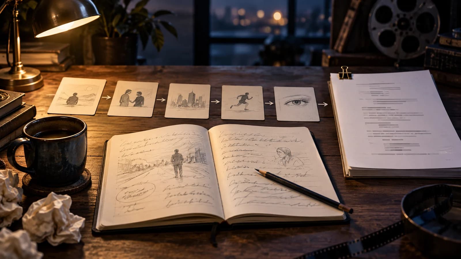 How to Write a Micro-Drama Script: A First Episode, Step by Step AI-generated illustration of a writer’s desk with script pages and a warmly lit doorway.