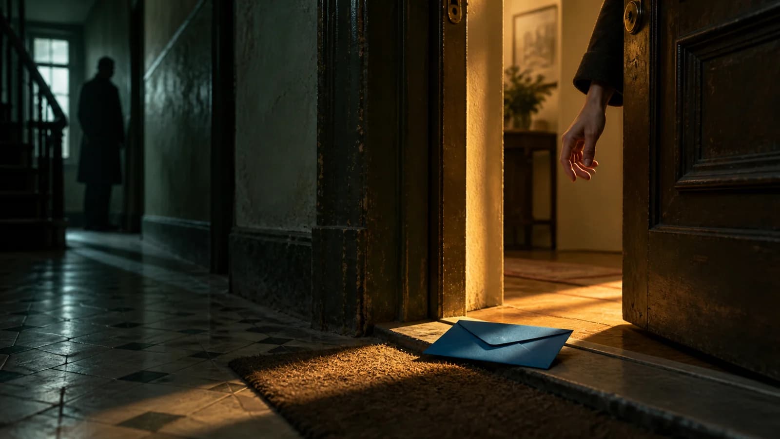 Micro-Drama Hooks and Cliffhangers: Before-and-After Examples AI-generated suspense illustration of an envelope beside a partly open door in amber and teal light.