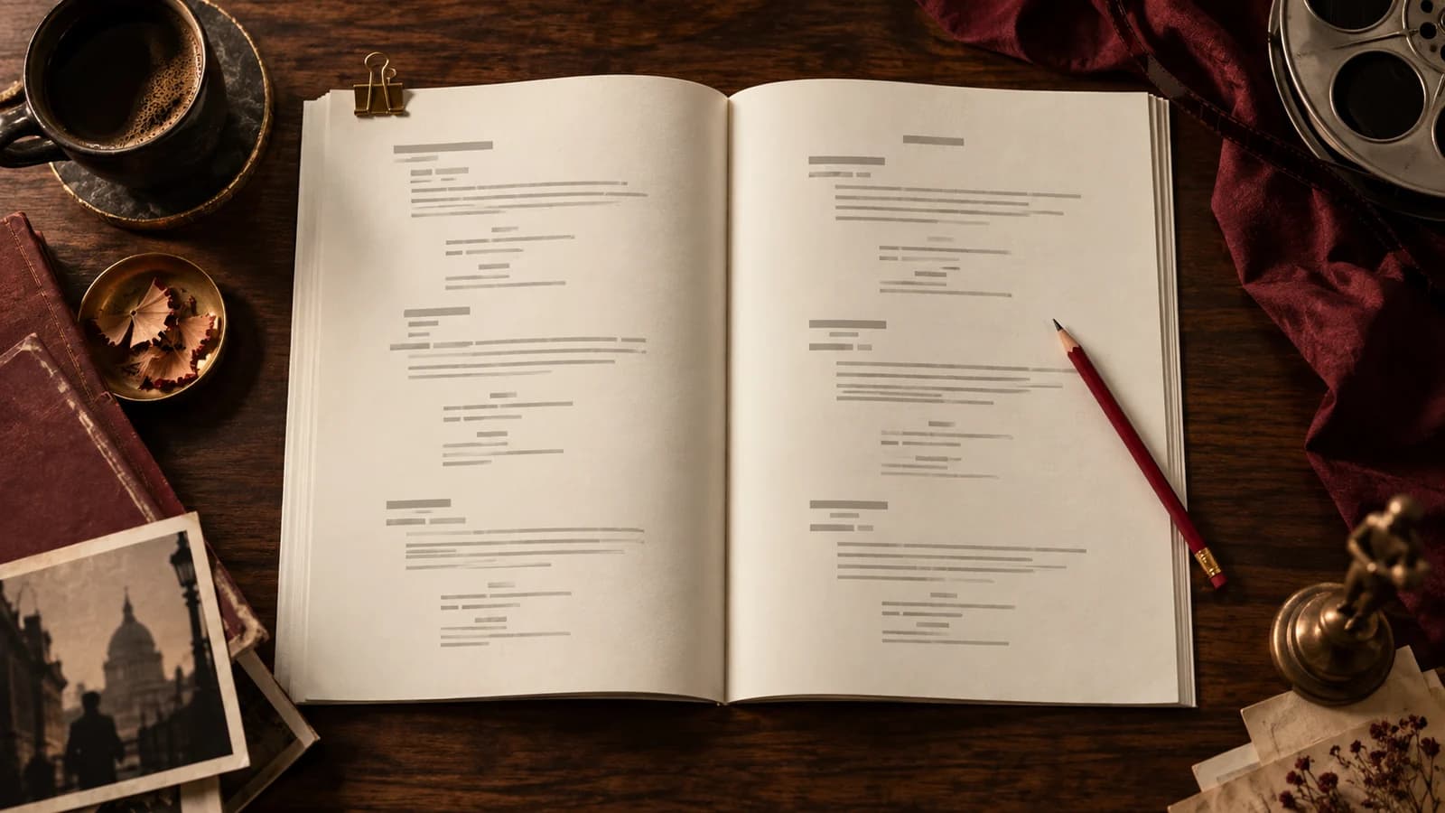 Micro-Drama Script Example: Three Episodes and a Format Guide AI-generated editorial illustration of screenplay pages, a pencil and a red binding ribbon.