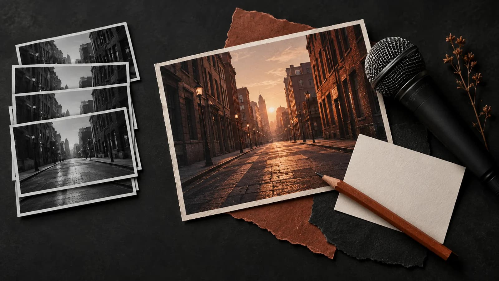 Faceless YouTube Videos: How to Add Value Beyond Reused Clips AI-generated editorial collage of repeated street photographs beside a new composition, microphone and writing card.