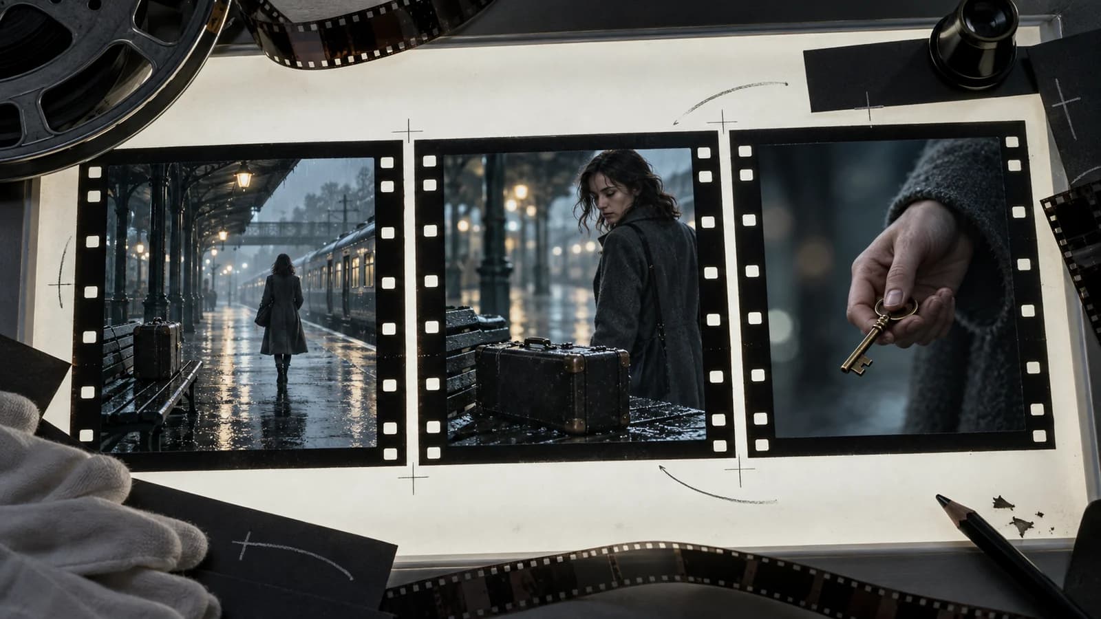 Shot-by-Shot Film Analysis: A Worked Example and a Useful Worksheet AI-generated editorial illustration of wide, medium and detail film frames arranged on an editing light table.