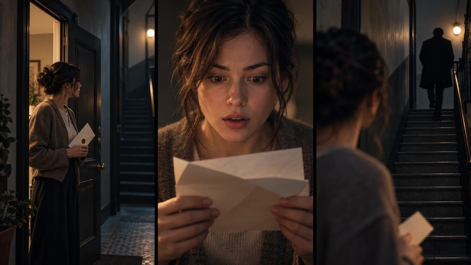 Vertical Micro-Drama Structure: How One Episode Leads to the Next AI-generated three-panel illustration of a woman receiving a letter, reacting to it and watching a figure leave upstairs.