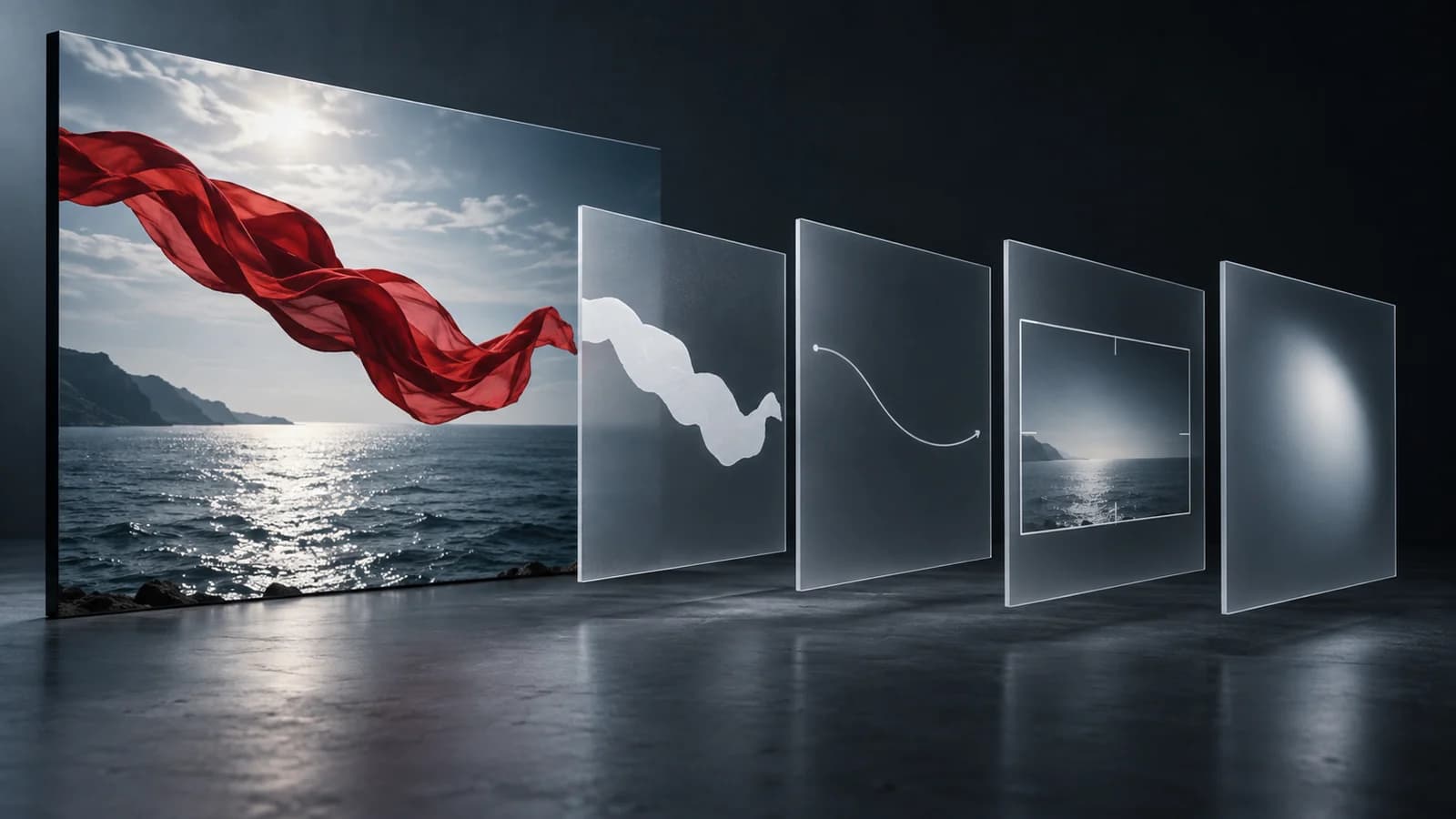 Video to Prompt: Build a Clear AI Video Prompt from a Reference AI-generated conceptual illustration separating a ribbon-over-sea image into subject, motion, framing and lighting layers.